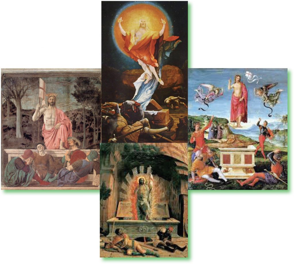 Da sinistra, in senso antiorario, la Resurrezione vista da Piero della Francesca, Andrea Mantegna, Raffaello Sanzio, Matthias Grünewald
