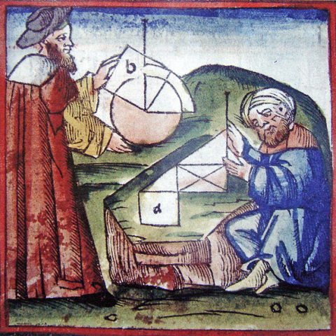 Un europeo e un arabo praticano la geometria, manoscritto del XV° secolo