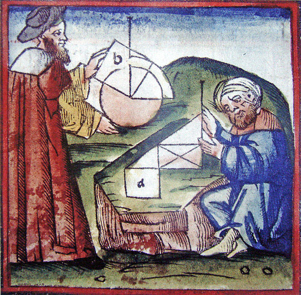 Un europeo e un arabo praticano la geometria, manoscritto del XV° secolo